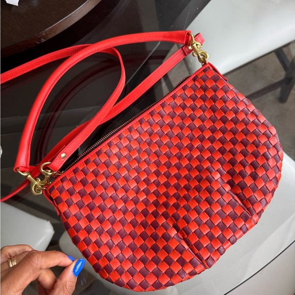 CLARE V Petit Moyen Bright Poppy & Bordeaux Woven Checker NWT - Picture 5 of 7